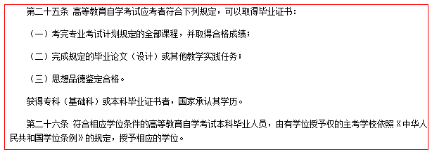 《高等教育自學(xué)考試暫行條例》第五章第25、26條截圖